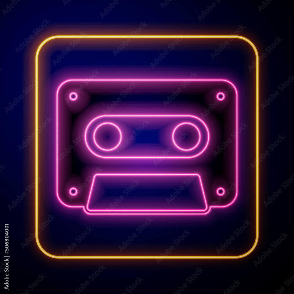 Obraz premium Glowing neon Retro audio cassette tape icon isolated on black background. Vector