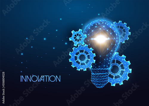 Futuristic business innovation concept with glowing lightbulb and gears, cog wheels on blue