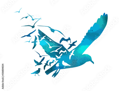 Flying blue watercolor seagulls. Abstraction logo from flying birds. Vector illustration