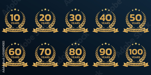 Anniversary icon or logo set with laurel wreath. 10, 20, 30, 40 ,50, 60, 70, 80, 90, 100 years jubilee, birthday golden badge, label or emblem. Celebration design element. Vector illustration.