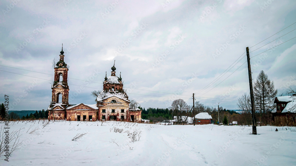 landscape abandoned Orthodox church in winter