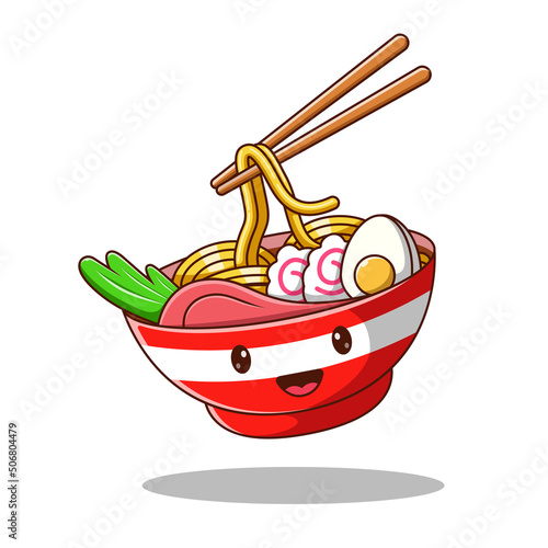 Ramen Noodle Egg And Meat With Chopstick Cartoon Vector Icon Illustration. Food And Drink Icon Concept. Flat Cartoon Style