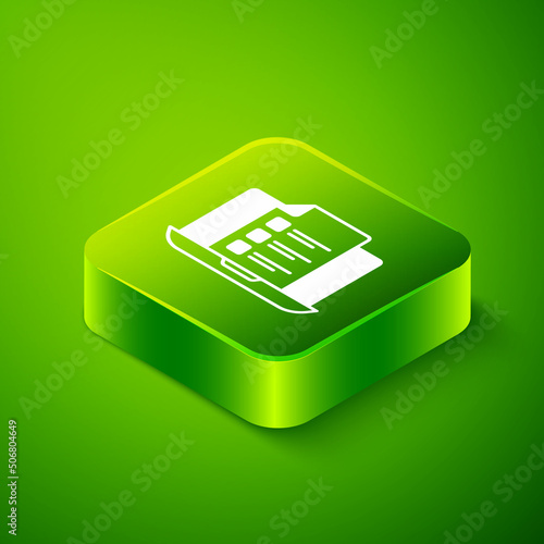 Isometric Online quiz, test, survey or checklist icon isolated on green background. Exam list. E-education concept. Green square button. Vector