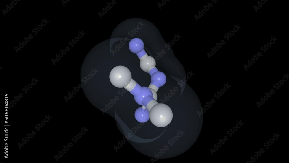 A metformin molecule rendered in 3D as ball-and-stick model with semitransparent molecular surface. The molecule rotates side to side. Loopable video. A metformin molecule rendered in 3D as ball-and-stick model with semitransparent molecular surface. The molecule rotates side to side. Loopable video.