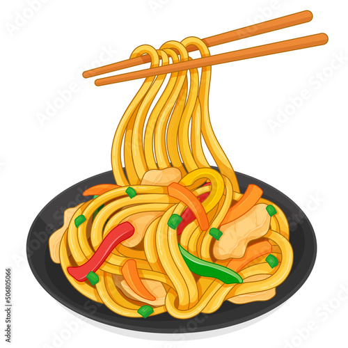 Chinese chow mein noodles recipe (Traditional asian chicken noodle stir-fry) illustration vector.