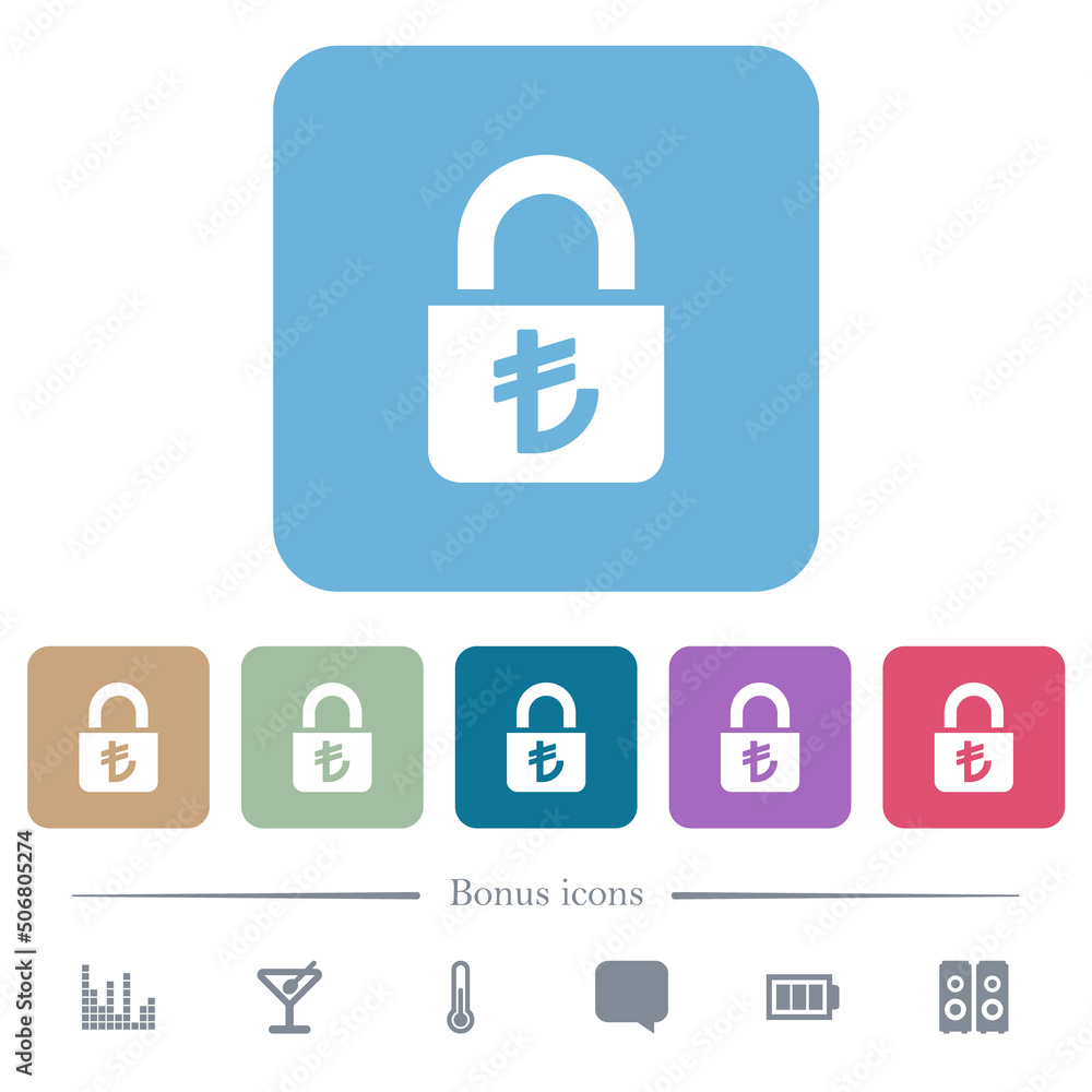 Locked lira flat icons on color rounded square backgrounds Locked lira flat icons on color rounded square backgrounds