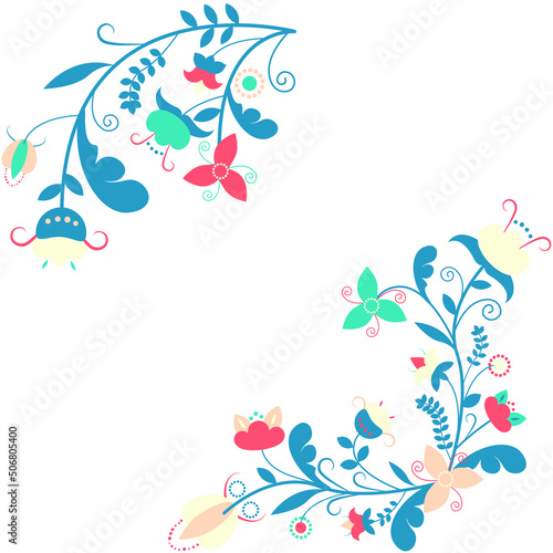 floral composition with curly elements, leaves and flowers. vintage background template corner frame