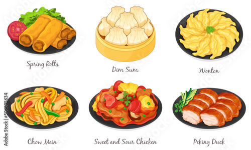 Chinese food set menu isolated on white background illustration vector. (Spring Rolls, Dim Sum, Wonton, Chow Mein, Sweet and Sour Chicken, Peking Duck)
