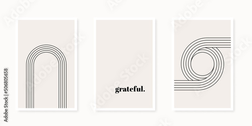 Abstract geometrical shapes poster collection. Line art. Minimalist wall decoration, print or postcard. Nordic style. Beige and black. Grateful. Vector illustration, flat design
