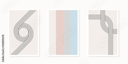 Abstract geometrical shapes poster collection. Line art. Minimalist wall decoration, print or postcard. Nordic style. Beige and black. Vector illustration, flat design