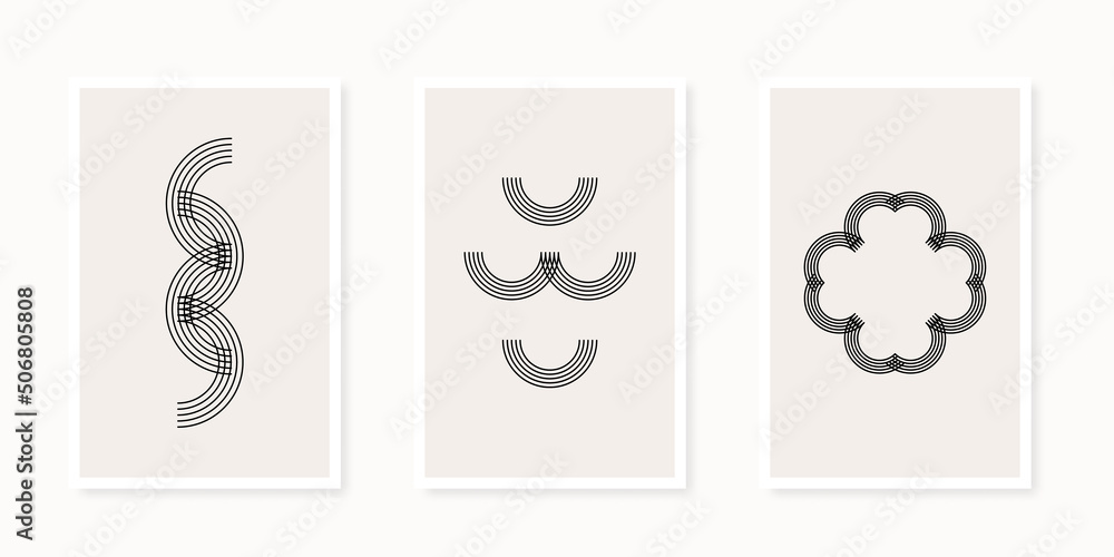 Abstract geometrical shapes poster collection. Line art. Minimalist wall decoration, print or postcard. Nordic style. Beige and black. Vector illustration, flat design