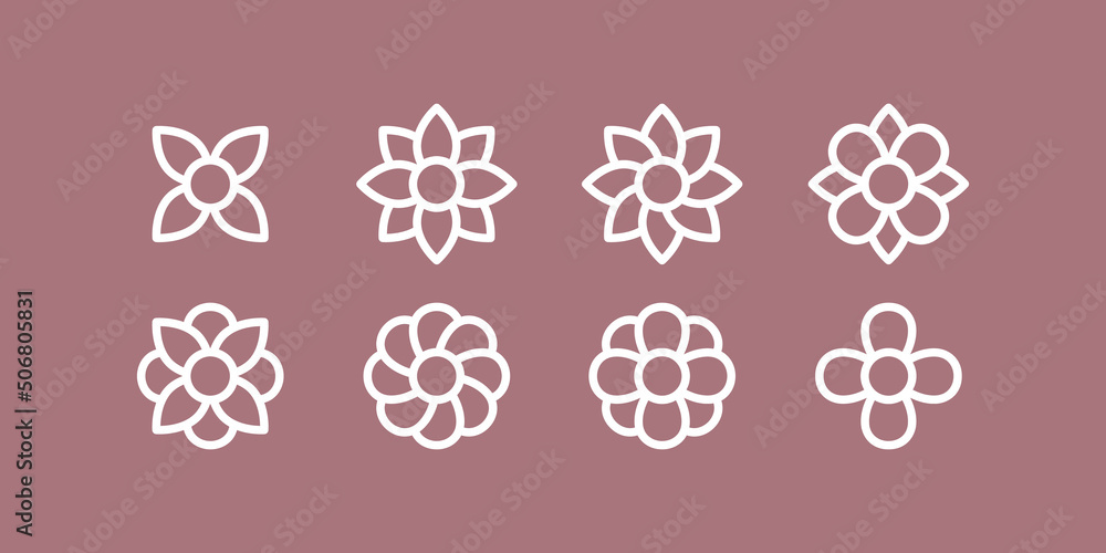 Geometric flowers shapes icon set. Minimalist flower symbols. White outline, mauve background. Vector illustration, flat design Geometric flowers shapes icon set. Minimalist flower symbols. White outline, mauve background. Vector illustration, flat design