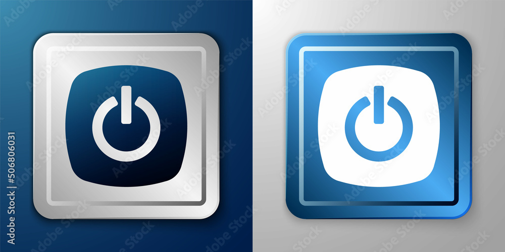 White Power button icon isolated on blue and grey background. Start sign. Silver and blue square button. Vector White Power button icon isolated on blue and grey background. Start sign. Silver and blue square button. Vector