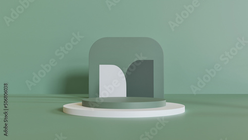 3D rendering of green podium with green background. Beautiful minimal scene for products display. Circle green stage with white stage. 3d stage on pedestal display with green wall.