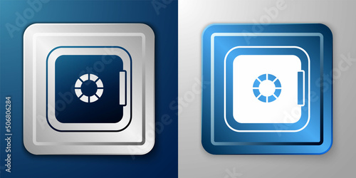 White Safe icon isolated on blue and grey background. The door safe a bank vault with a combination lock. Reliable Data Protection. Silver and blue square button. Vector