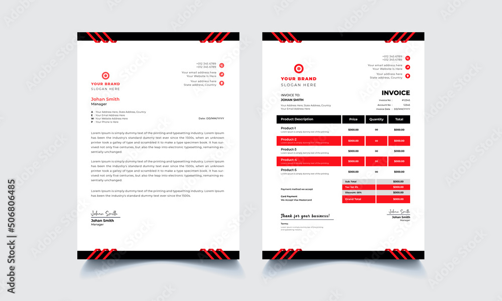Fototapeta premium Modern red & black professional business stationery set 