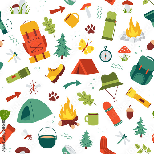 Seamless pattern of hiking equipment for summer camping, trekking, travel supplies for outdoor base camp. Print for textile, wrapping paper. Isolated flat vector illustration
