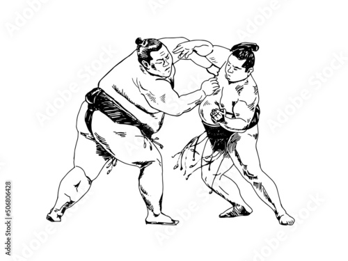 Sumo wrestling. Two wrestlers try to push each other out in a duel. Graphics, sketch. Black silhouette. Vector illustration