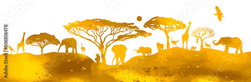 African Yellow landscape with animals. Vector illustration