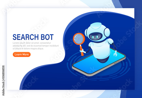 Search bot in cartoon style. Artificial intelligence. Isometric vector. Vector illustration