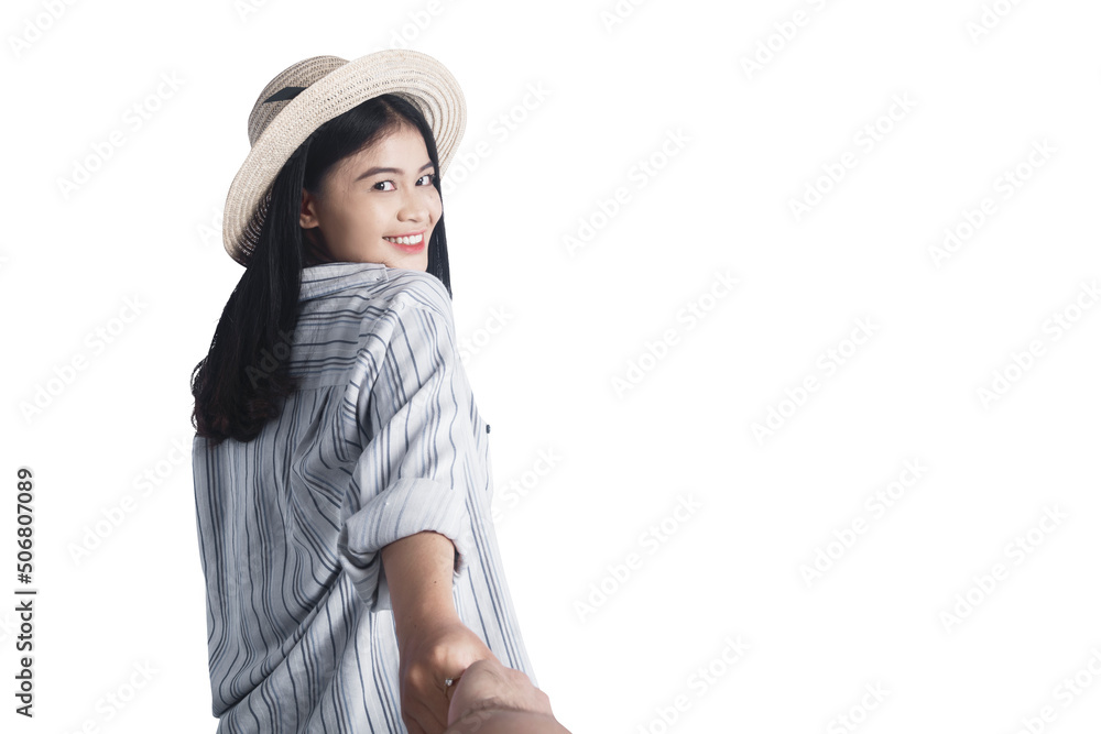 Asian woman with hat holding her mate hands Asian woman with hat holding her mate hands