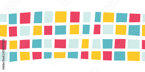 Abstract colorful kids border seamless vector. Square shape repeating horizontal pattern Cute background Collage illustration. Trendy kid fashion edge stripe trim. Tossed fun colors for footer header