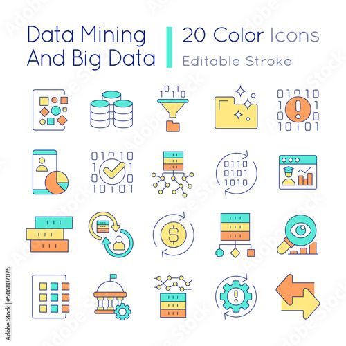 Data mining and big data RGB color icons set. Computing analytics. Isolated vector illustrations. Computer science. Simple filled line drawings collection. Editable stroke. Quicksand-Light font used