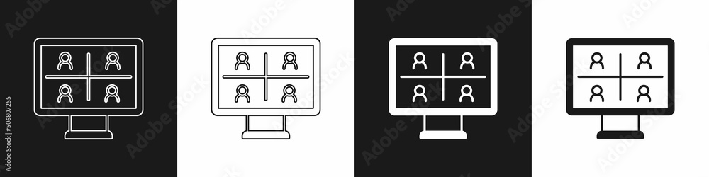Set Video chat conference icon isolated on black and white background. Online meeting work form home. Remote project management. Vector Set Video chat conference icon isolated on black and white background. Online meeting work form home. Remote project management. Vector