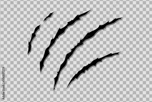 Claw scratches of wild animal. Cat scratches marks isolated in transparent background. Monochrome vector illustration