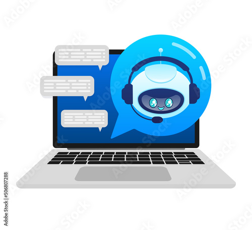 Support bot. Ai assistant. Flat icon with blue support bot on white background