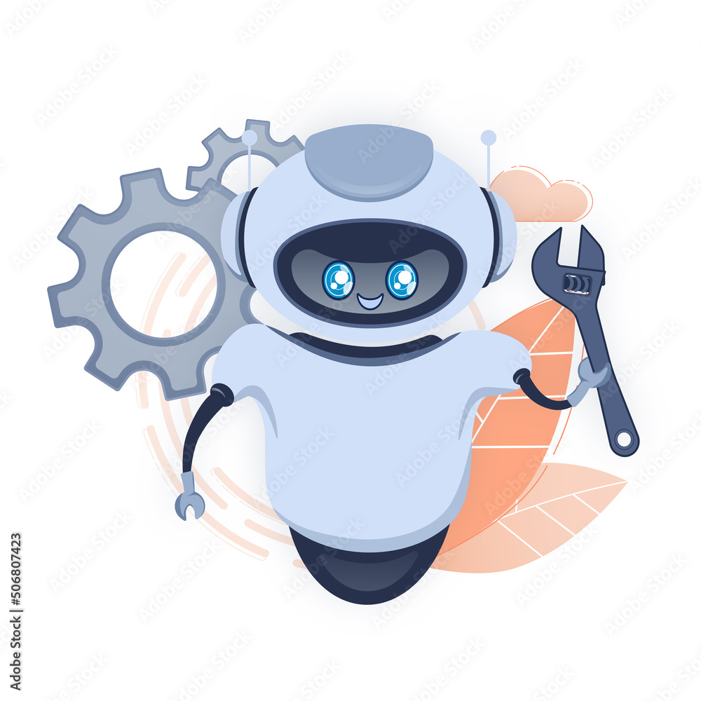 Naklejka premium Settings bot in cartoon style. Marketing social media concept. Global social network