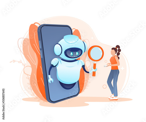 Search bot in cartoon style. Artificial intelligence. Isometric vector. Vector illustration