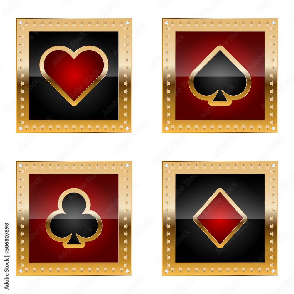 Card suits icon set for casino with golden border and stars Card suits icon set for casino with golden border and stars