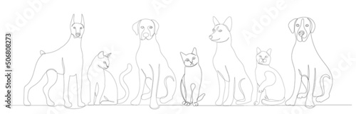 dogs and cats drawing in one continuous line, isolated, vector