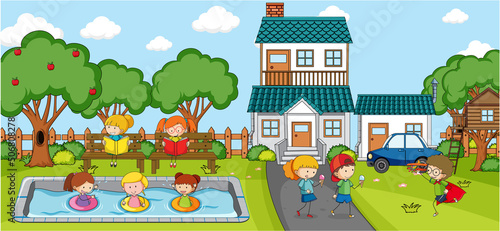 Outdoor scene with doodle house cartoon