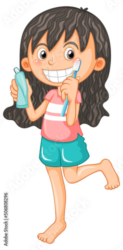 Cute girl cartoon character brushing teeth