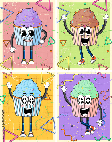 Set of different funny cupcake cartoon characters