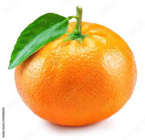 Ripe tangerine fruit with green leaf isolated on a white background. Organic tangerines fruits. photo