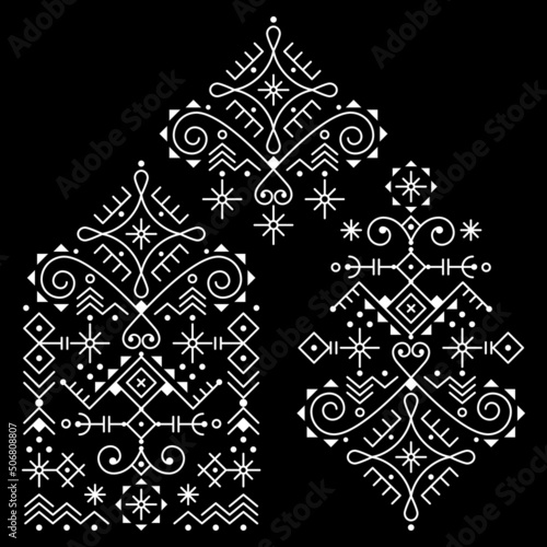 Tribal line art vector pattern set inspired by Nordic Viking rune art with geometric symbols and abstract shapes in white on black background
