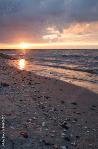 Sunset on the Baltic Sea. Sea  bean strong colors. Vacation on the beach. Landscape