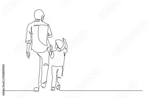 Father walking with son and holding hands line art vector illustration. One line drawing and continuous style