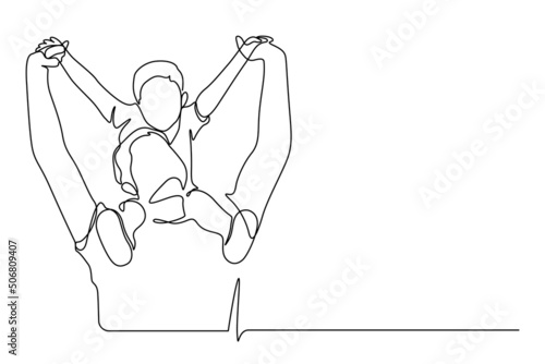 Father carrying son on shoulders with arm raised pose action line art vector illustration. One line drawing and continuous style