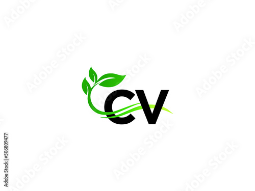 Natural CV Logo Icon, Letter Cv vc Logo Image Design Vector With Green Leaf and tree