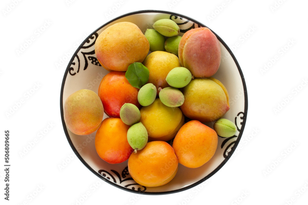 green fresh apricots and ripe apricots in the plate