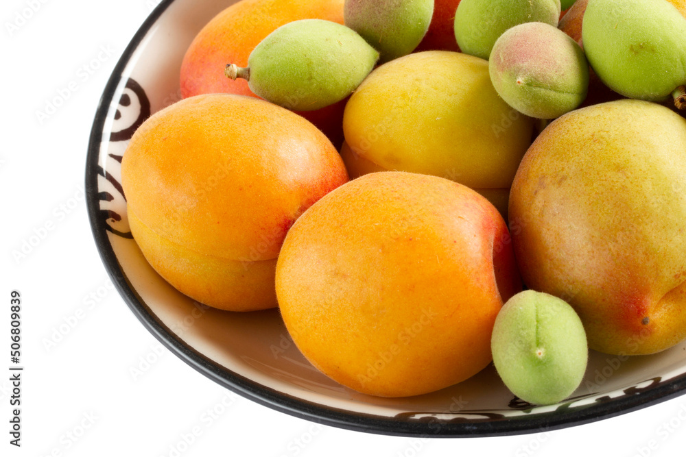 green fresh apricots and ripe apricots in the plate green fresh apricots and ripe apricots in the plate