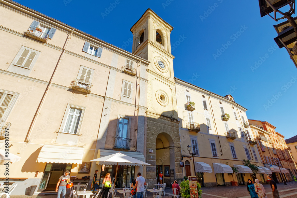 Acqui Terme, Piedmont - June 28, 2021: historic center of the city of Acqui Terme on a summer afternoon