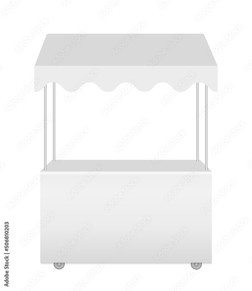 Street mobile market shop for trading. White fast food stall on wheels. Tent with a roof for outdoor event, trade show, retail trade, advertising. Vector realistic Mockup. Blank template. Front view. Street mobile market shop for trading. White fast food stall on wheels. Tent with a roof for outdoor event, trade show, retail trade, advertising. Vector realistic Mockup. Blank template. Front view.