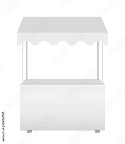 Street mobile market shop for trading. White fast food stall on wheels. Tent with a roof for outdoor event, trade show, retail trade, advertising. Vector realistic Mockup. Blank template. Front view.