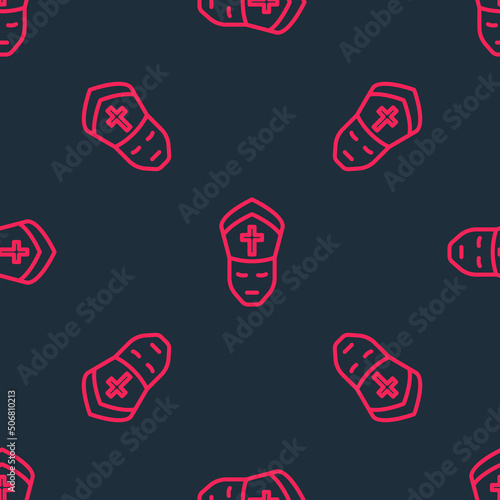 Red line Pope icon isolated seamless pattern on black background. Pope hat. Holy father. Vector