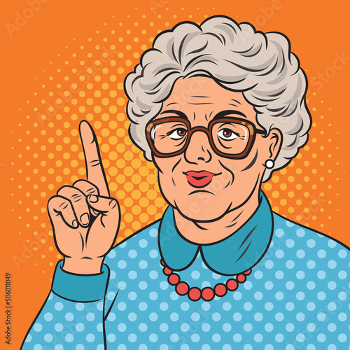 Old granny shaking her finger index finger pointing up pop art retro vector illustration. Comic book style imitation.
